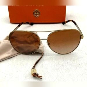 Tory Burch Designer Gold Aviator Animal Tortoise Sunglasses + Case And Cloth